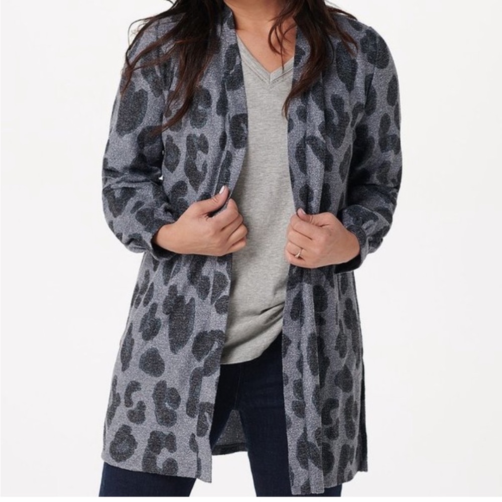 SUSAN GRAVER Leopard Animal Print Open Front Sweater Cardigan Gray/Black NWT S